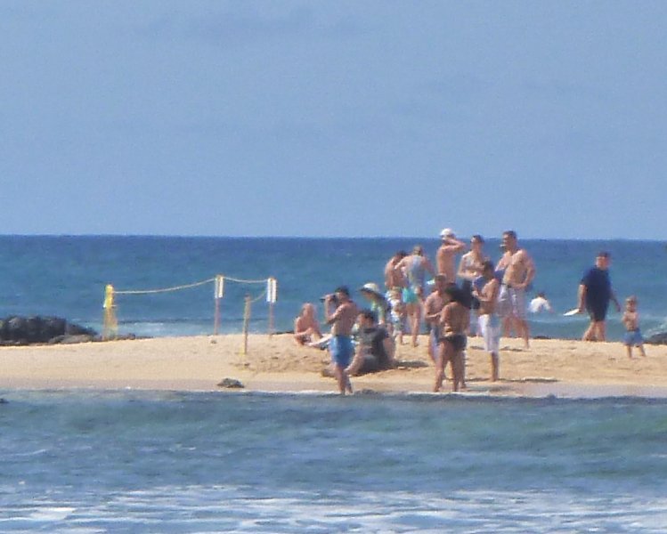 076P1000095.jpg - Poipu Beach Park, Adam wheeling Laura onto the sandbar